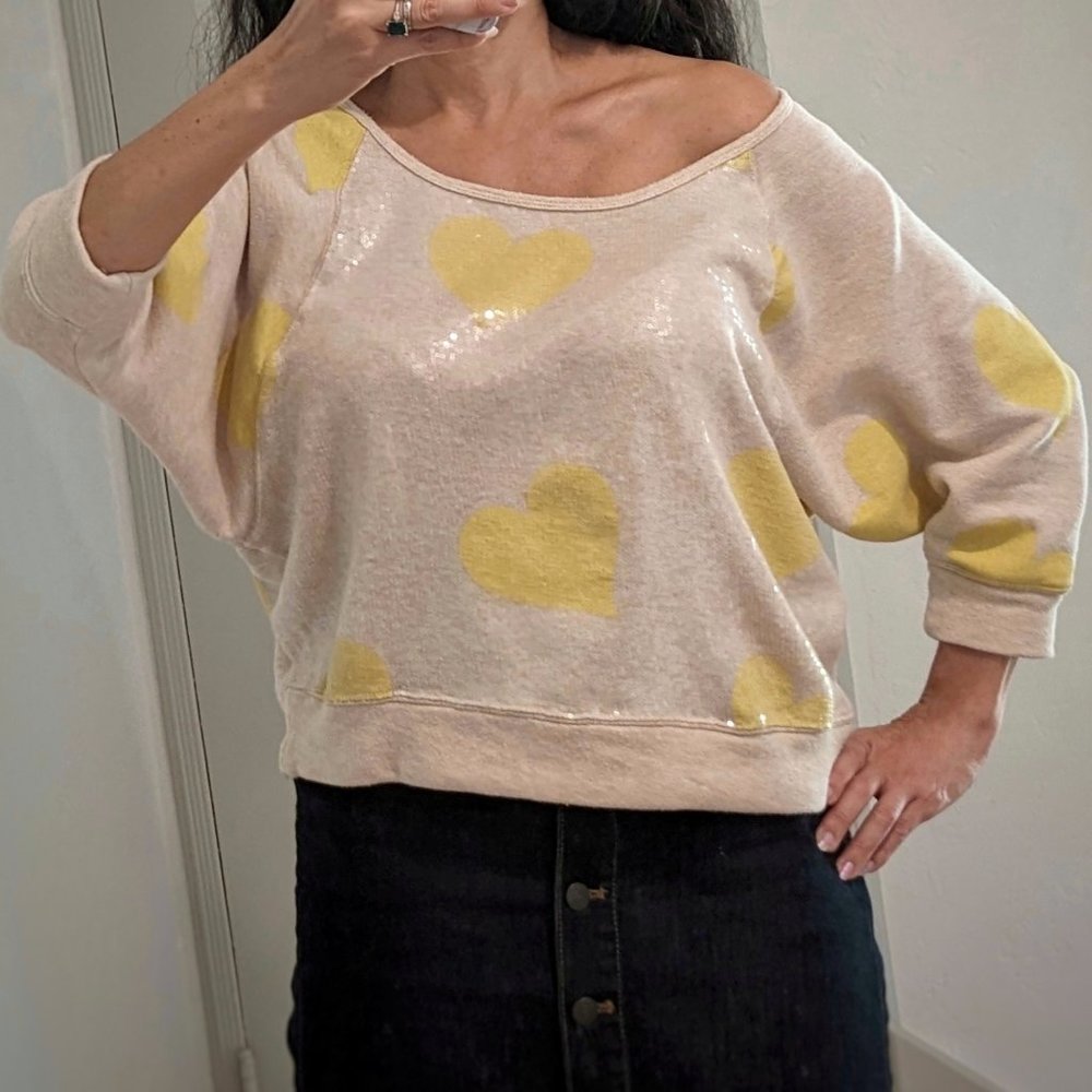 Hard Candy Sequin Hearts Off the Shoulder 80s Vibe Sweatshirt, Fits Many